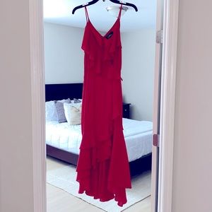 lulus red hot ruffle midi party dress (small) **worn once**